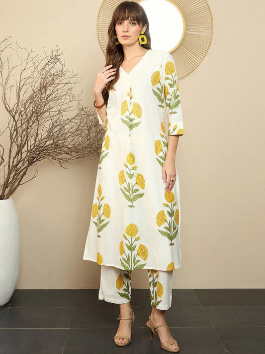 ZYFA Premium Cream Cotton Marigold Print Kurta Set for Women