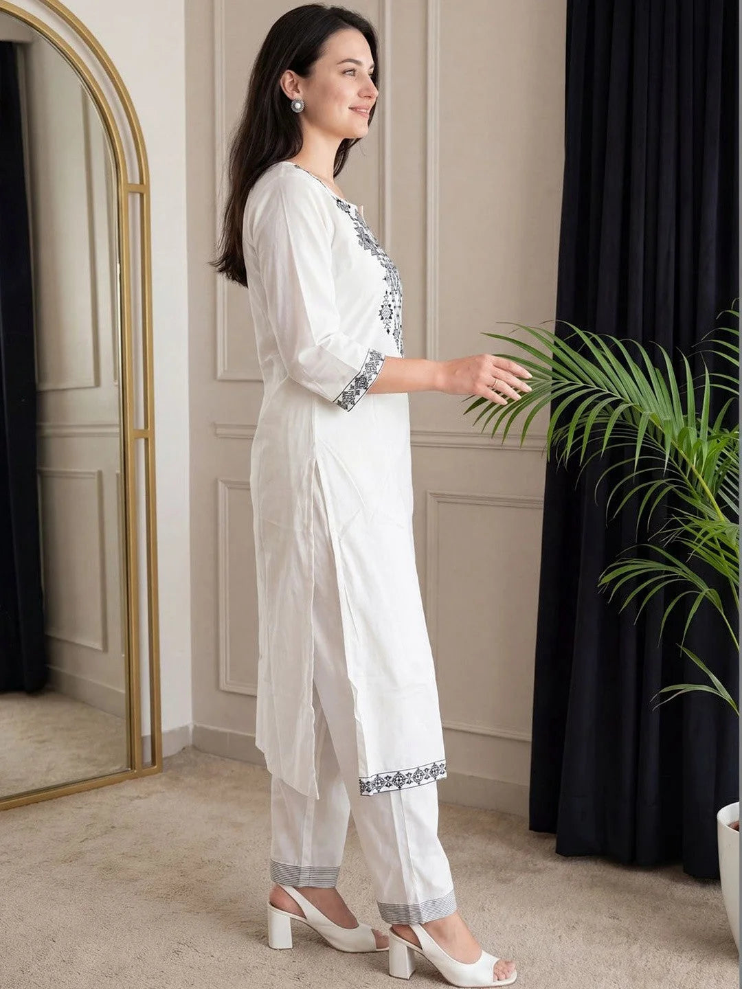 ZYFA White Kurta Set with Charcoal Tribal Embroidery for Women