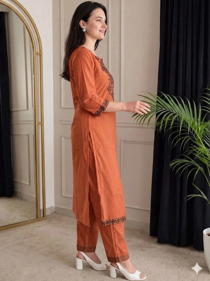 ZYFA Orange Kurta Set with Charcoal Tribal Embroidery for Women