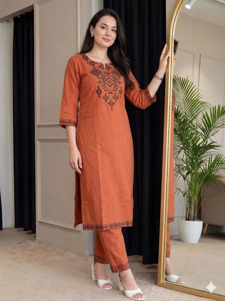 ZYFA Orange Kurta Set with Charcoal Tribal Embroidery for Women