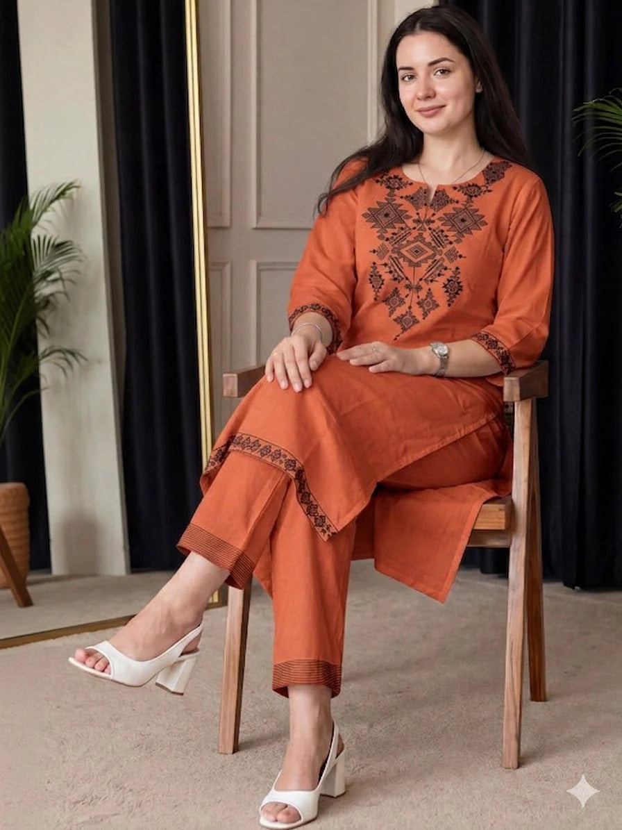 ZYFA Orange Kurta Set with Charcoal Tribal Embroidery for Women