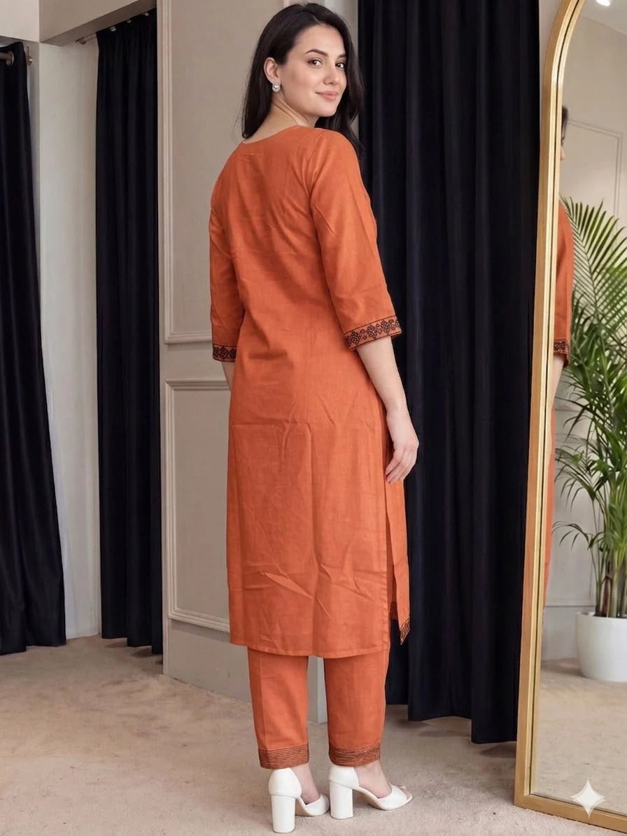 ZYFA Orange Kurta Set with Charcoal Tribal Embroidery for Women