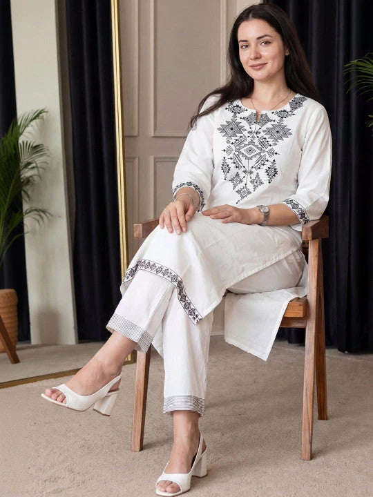 ZYFA White Kurta Set with Charcoal Tribal Embroidery for Women