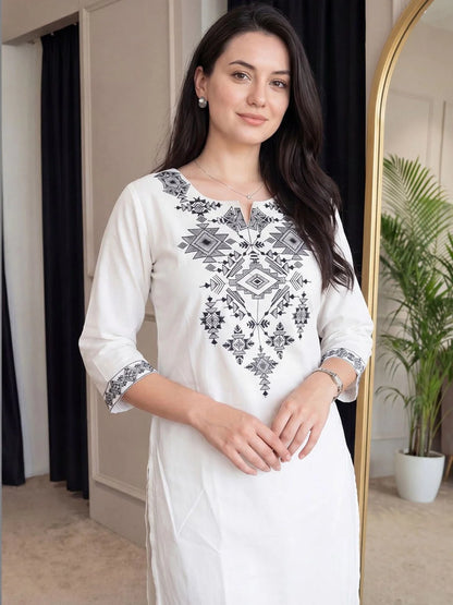 ZYFA White Kurta Set with Charcoal Tribal Embroidery for Women
