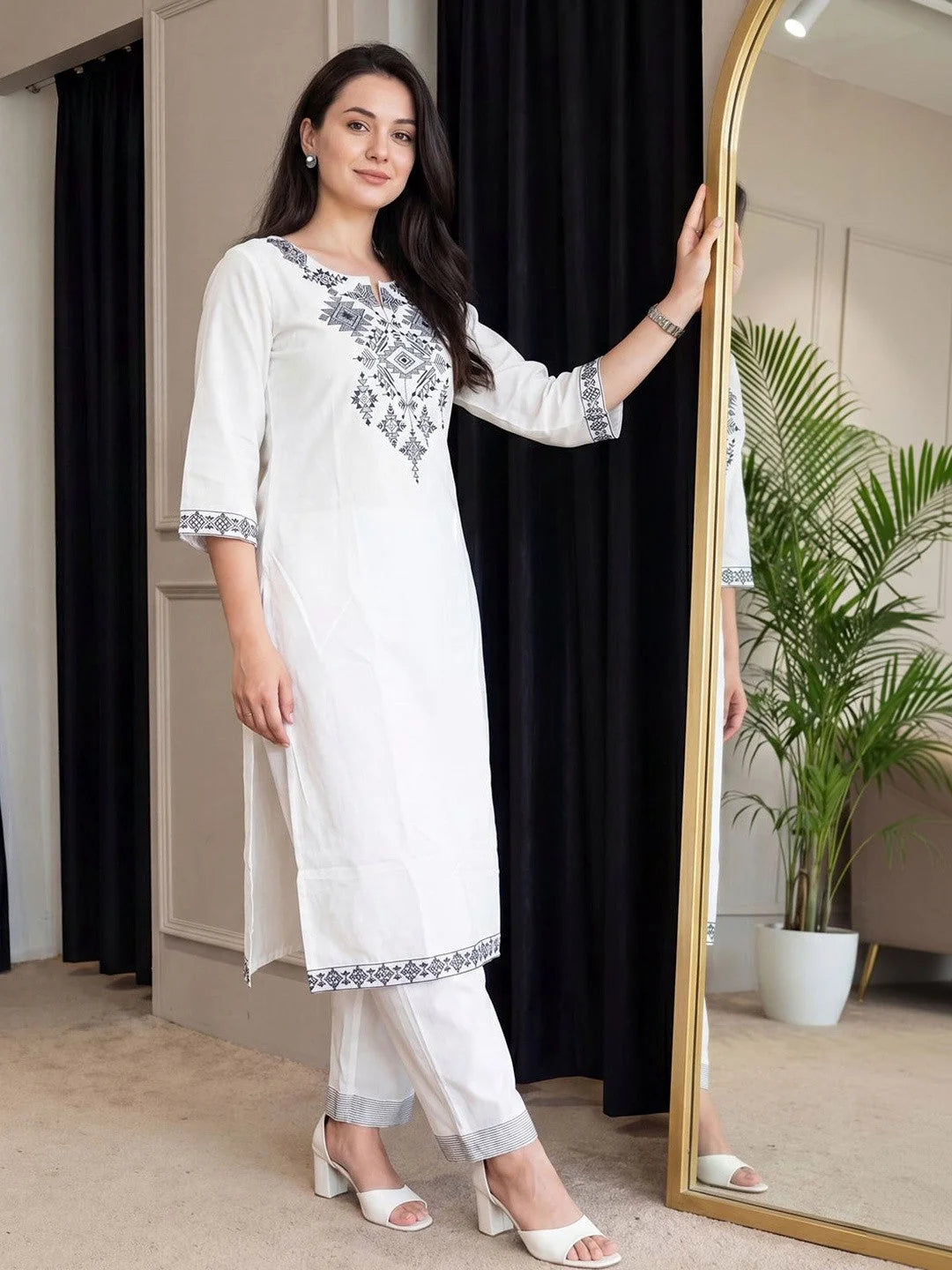 ZYFA White Kurta Set with Charcoal Tribal Embroidery for Women