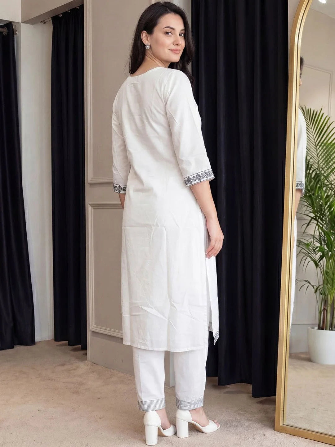 ZYFA White Kurta Set with Charcoal Tribal Embroidery for Women