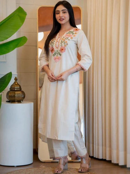 ZYFA Premium Cream Cotton Floral Embroidered Kurta Set for Women
