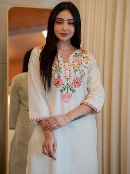 ZYFA Premium Cream Cotton Floral Embroidered Kurta Set for Women