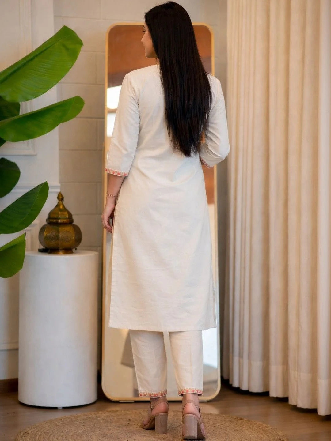 ZYFA Premium Cream Cotton Floral Embroidered Kurta Set for Women