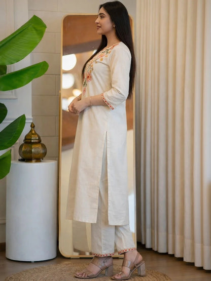 ZYFA Premium Cream Cotton Floral Embroidered Kurta Set for Women