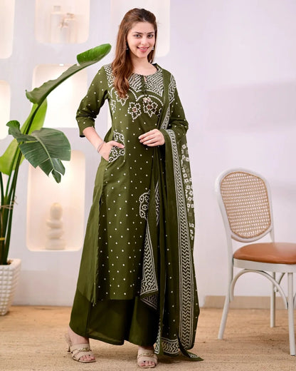 ZYFA Premium Olive Green Bandhani Cotton Kurta Set for Women (Copy)