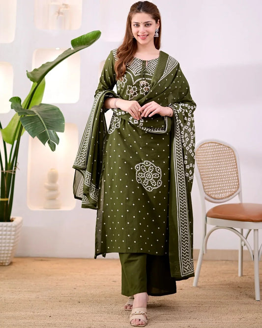 ZYFA Premium Olive Green Bandhani Cotton Kurta Set for Women (Copy)