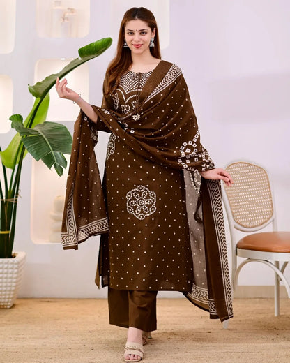 ZYFA Premium Coffee Brown Bandhani Cotton Kurta Set for Women