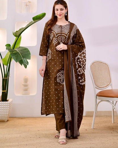 ZYFA Premium Coffee Brown Bandhani Cotton Kurta Set for Women