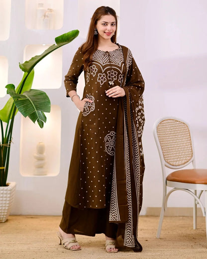 ZYFA Premium Coffee Brown Bandhani Cotton Kurta Set for Women
