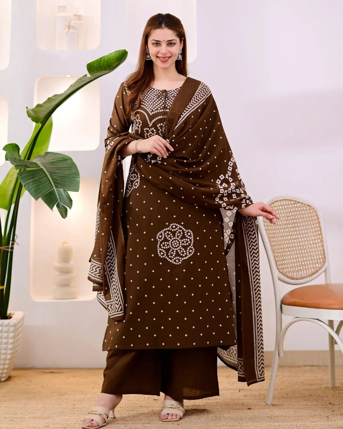 ZYFA Premium Coffee Brown Bandhani Cotton Kurta Set for Women