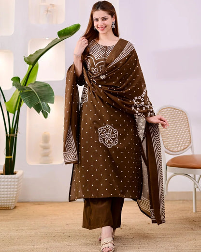 ZYFA Premium Coffee Brown Bandhani Cotton Kurta Set for Women