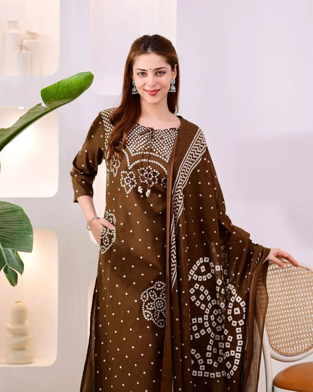 ZYFA Premium Coffee Brown Bandhani Cotton Kurta Set for Women