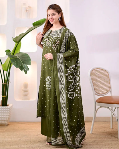 ZYFA Premium Olive Green Bandhani Cotton Kurta Set for Women (Copy)