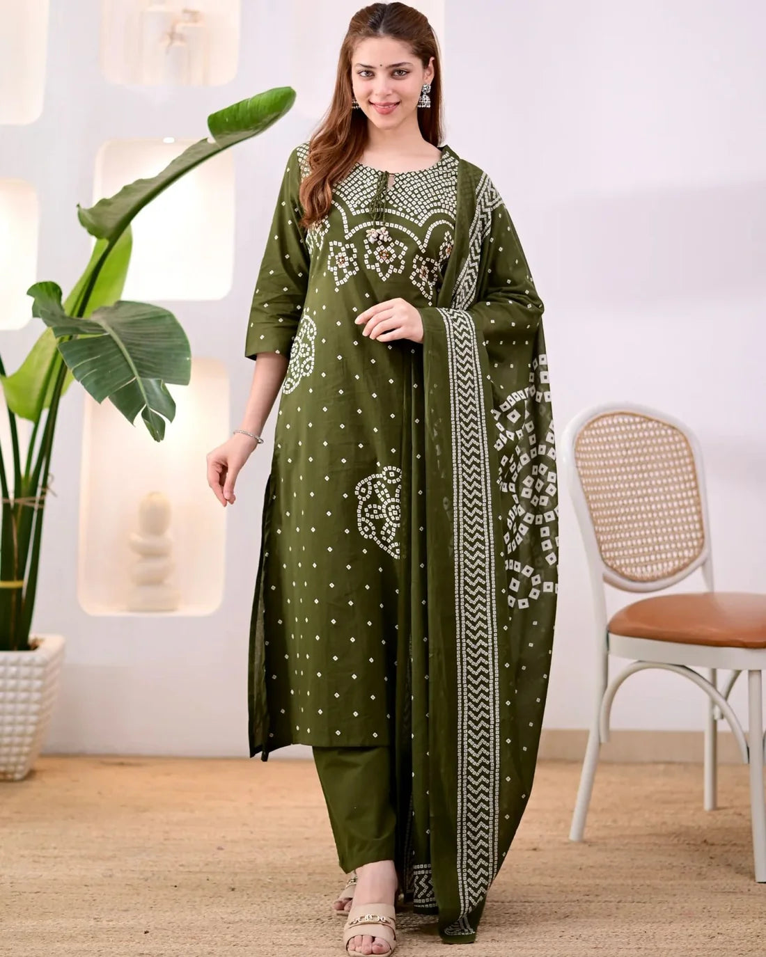 ZYFA Premium Olive Green Bandhani Cotton Kurta Set for Women (Copy)