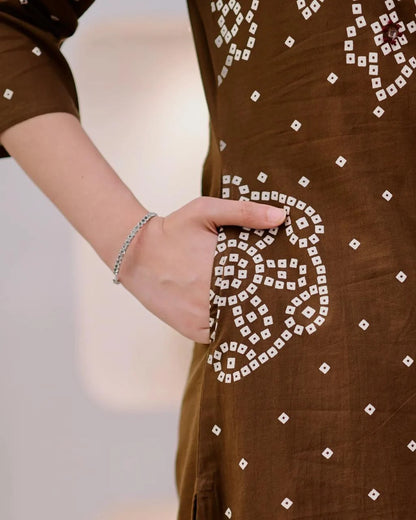 ZYFA Premium Coffee Brown Bandhani Cotton Kurta Set for Women