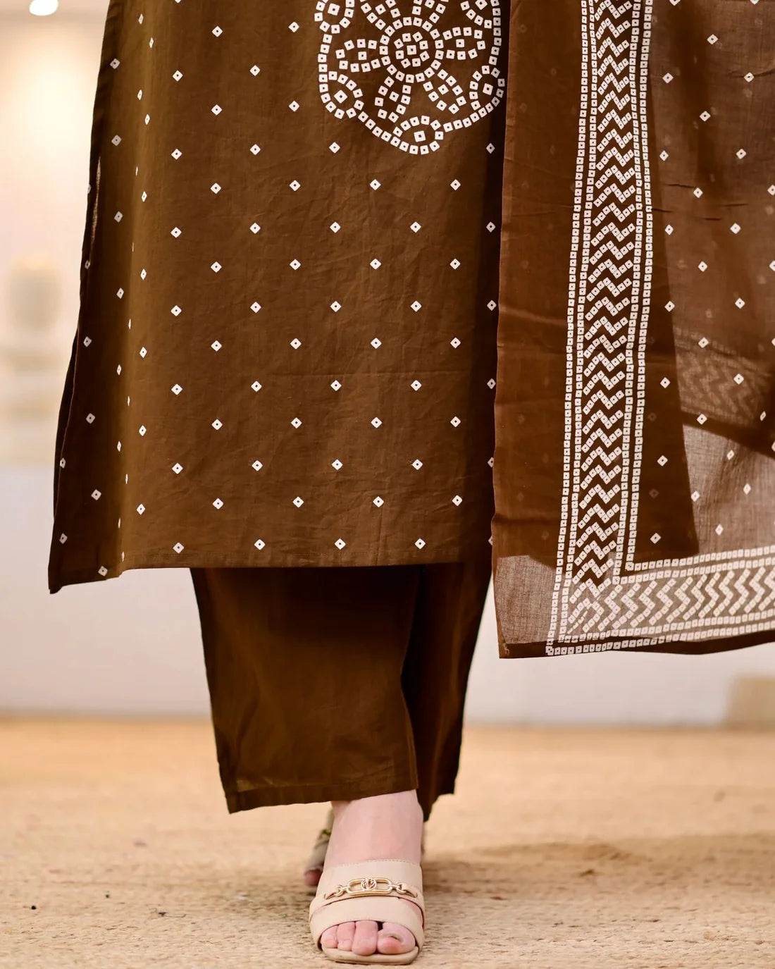 ZYFA Premium Coffee Brown Bandhani Cotton Kurta Set for Women