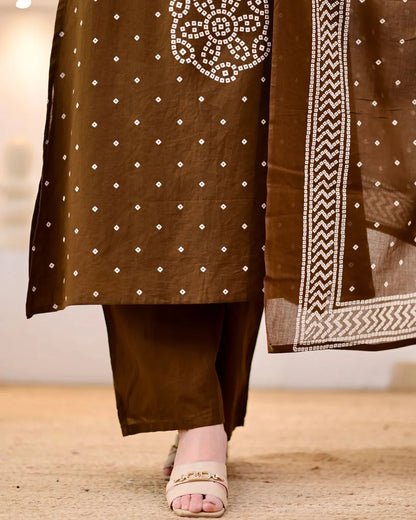 ZYFA Premium Coffee Brown Bandhani Cotton Kurta Set for Women