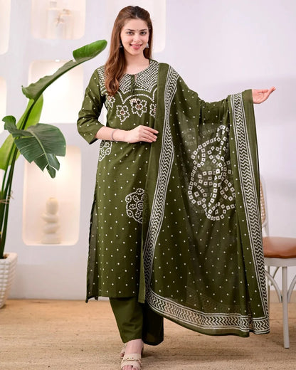 ZYFA Premium Olive Green Bandhani Cotton Kurta Set for Women (Copy)