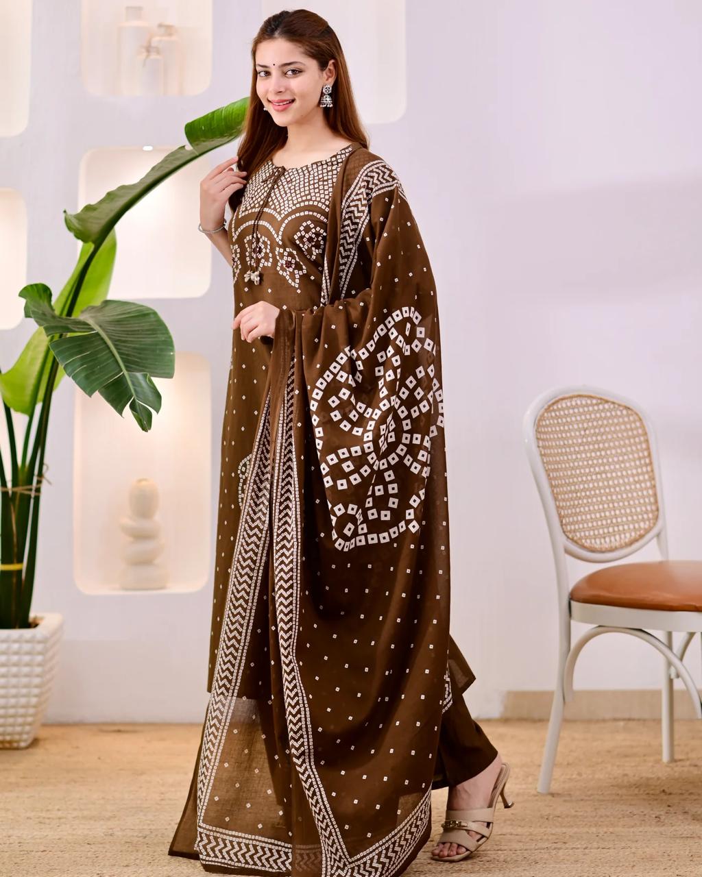 ZYFA Premium Coffee Brown Bandhani Cotton Kurta Set for Women