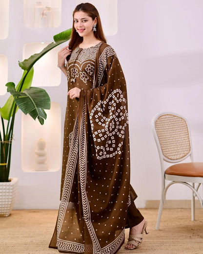 ZYFA Premium Coffee Brown Bandhani Cotton Kurta Set for Women