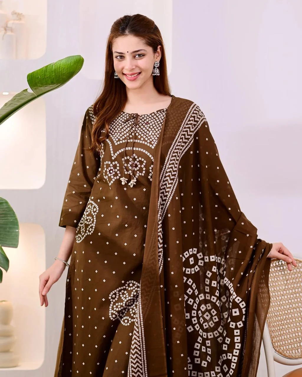 ZYFA Premium Coffee Brown Bandhani Cotton Kurta Set for Women