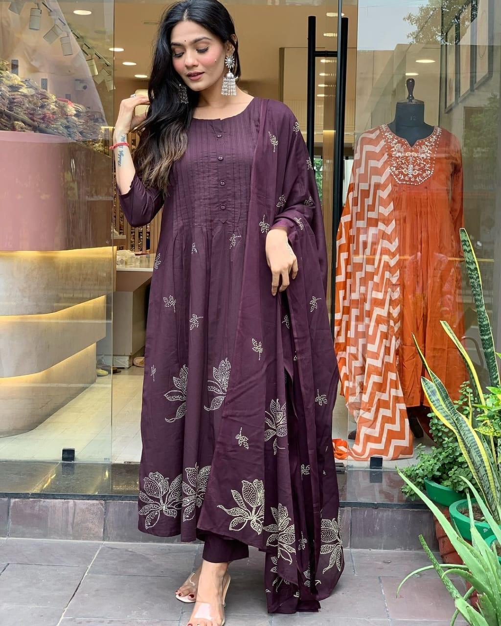 ZYFA Wine Kurta Set with White Dotted Floral Print for Women