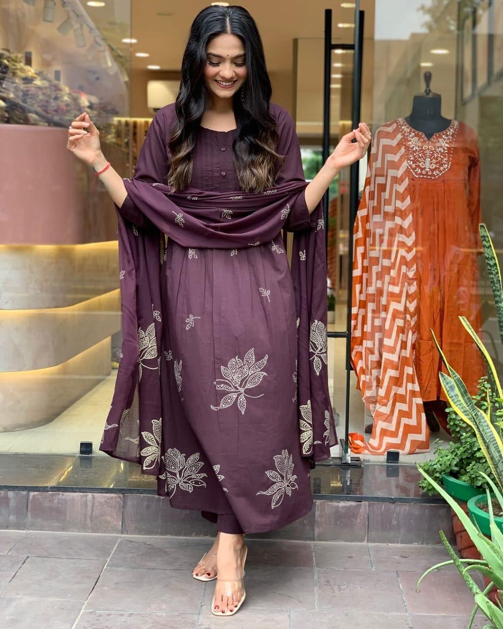 ZYFA Wine Kurta Set with White Dotted Floral Print for Women