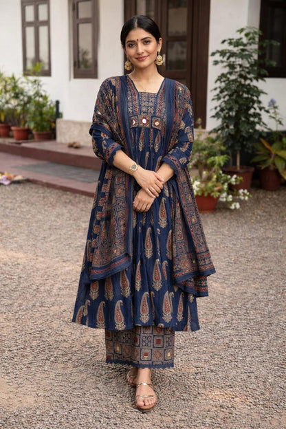 ZYFA Elegant Navy Blue Kurta Palazzo Set with Printed Dupatta for Women