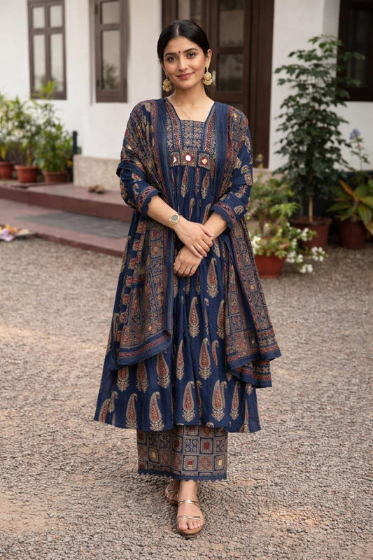 ZYFA Elegant Navy Blue Kurta Palazzo Set with Printed Dupatta for Women