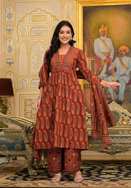 ZYFA Rust Brown Printed Cotton Kurta Palazzo Set with Dupatta for Women