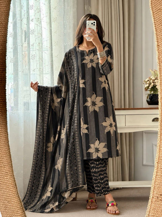 ZYFA Black Floral Printed Kurta Pant Set with Dupatta for Women