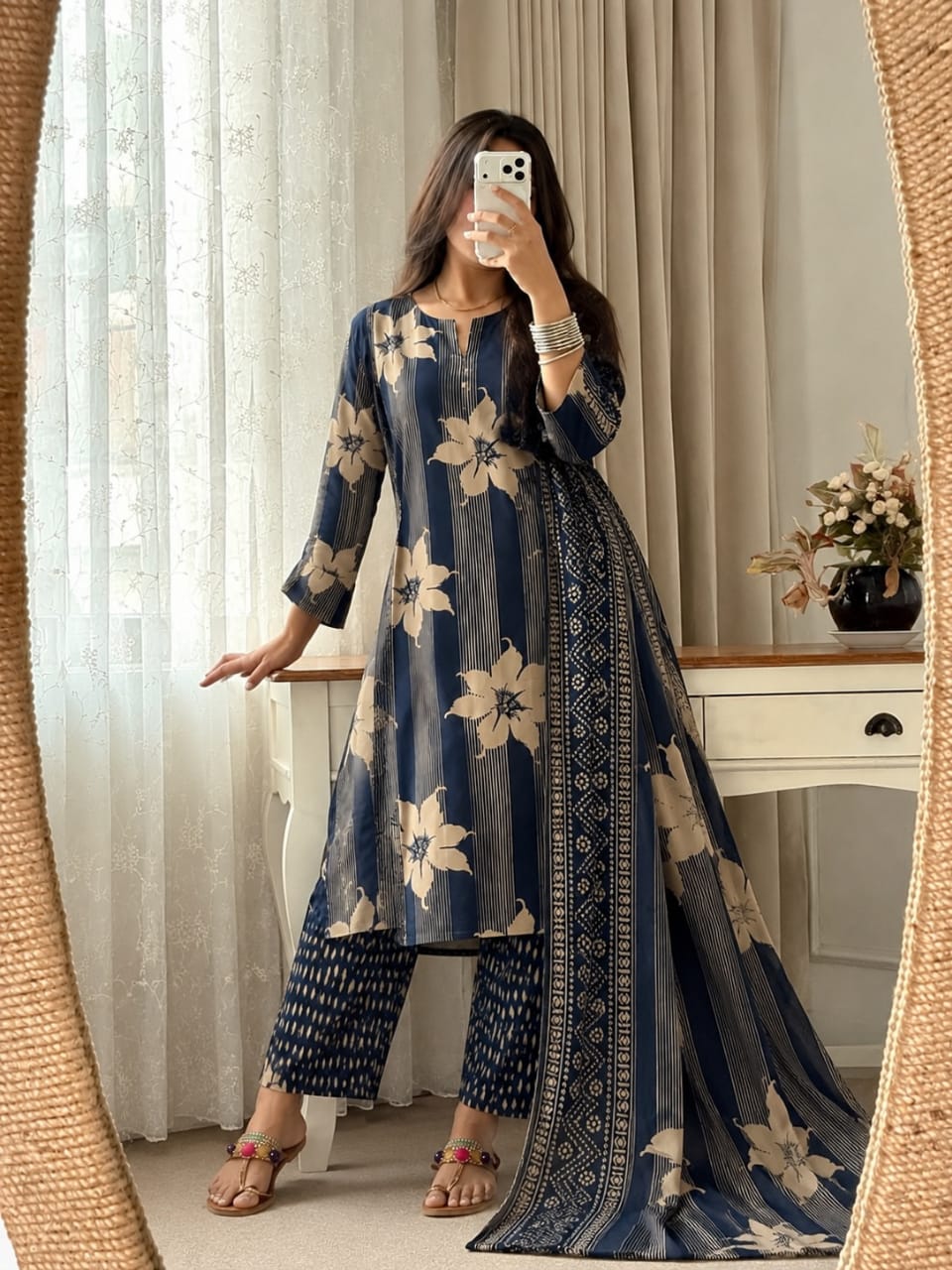ZYFA Navy Blue Floral Printed Kurta Pant Set with Dupatta for Women