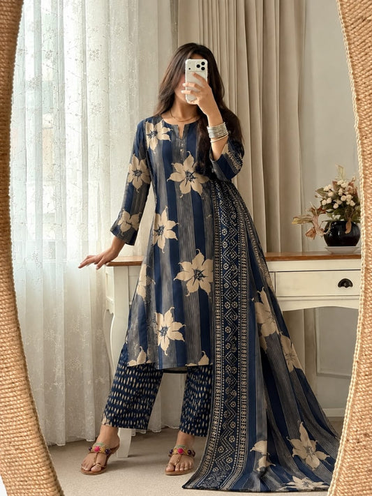 ZYFA Navy Blue Floral Printed Kurta Pant Set with Dupatta for Women