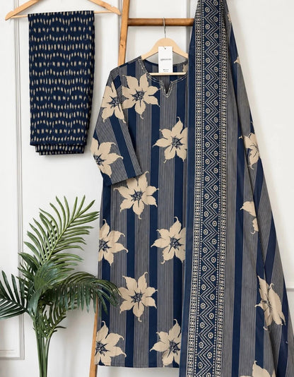 ZYFA Navy Blue Floral Printed Kurta Pant Set with Dupatta for Women