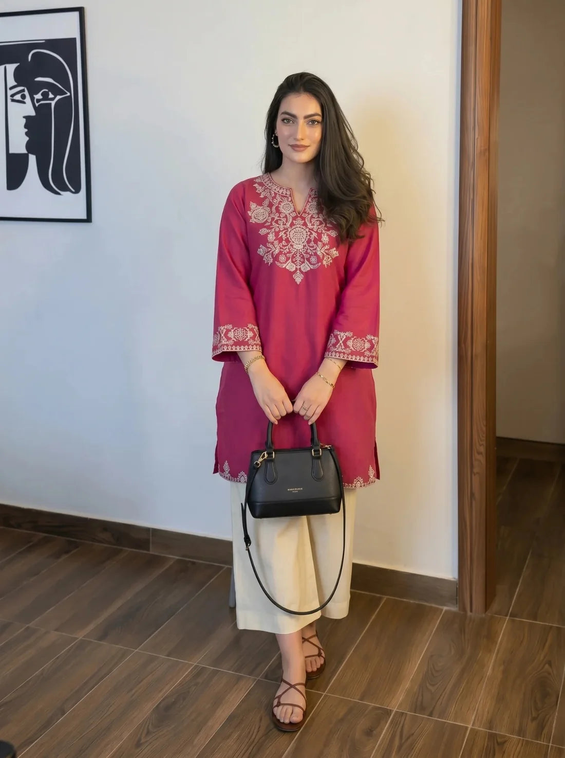 ZYFA Pink Embroidered Cotton Kurta Set with Palazzo Pants for Women