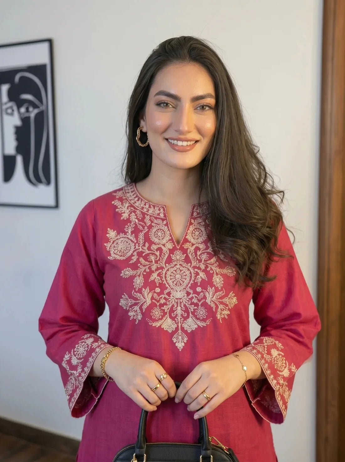 ZYFA Pink Embroidered Cotton Kurta Set with Palazzo Pants for Women