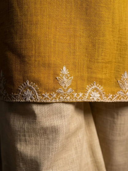 ZYFA Yellow Embroidered Cotton Kurta Set with Palazzo Pants for Women