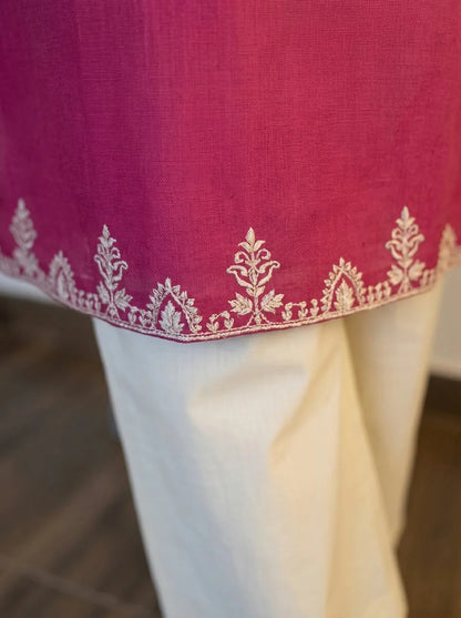 ZYFA Pink Embroidered Cotton Kurta Set with Palazzo Pants for Women