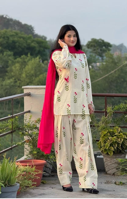 ZYFA White Floral Printed Kurta Pant Set with Pink Dupatta for Women