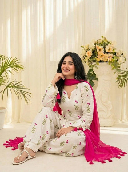 ZYFA White Floral Printed Kurta Pant Set with Pink Dupatta for Women