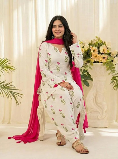 ZYFA White Floral Printed Kurta Pant Set with Pink Dupatta for Women