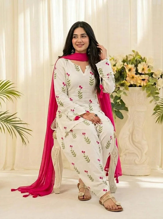 ZYFA White Floral Printed Kurta Pant Set with Pink Dupatta for Women
