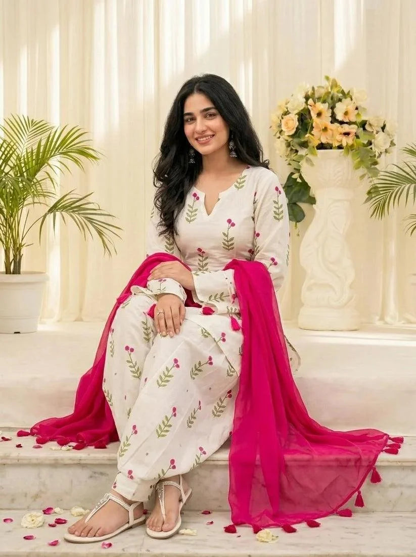 ZYFA White Floral Printed Kurta Pant Set with Pink Dupatta for Women