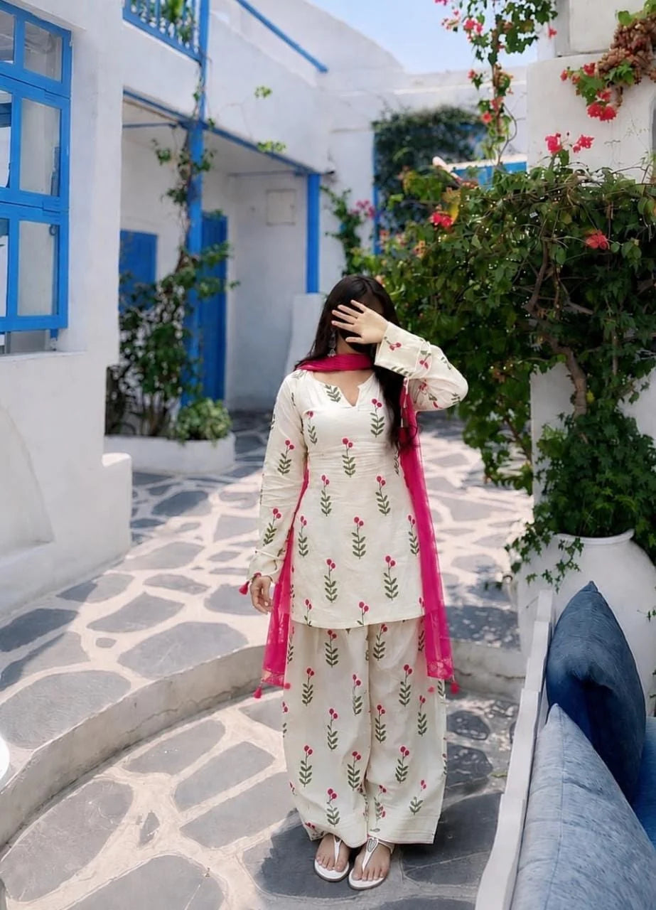 ZYFA White Floral Printed Kurta Pant Set with Pink Dupatta for Women